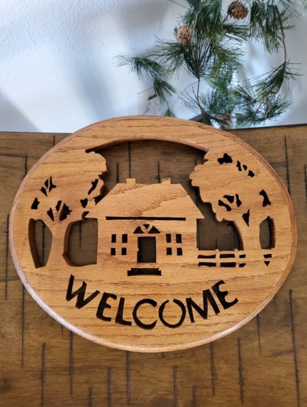Vintage Oak Wooden Welcome Sign Rustic Farmhouse Cottagecore Folk Art Wall Decor
